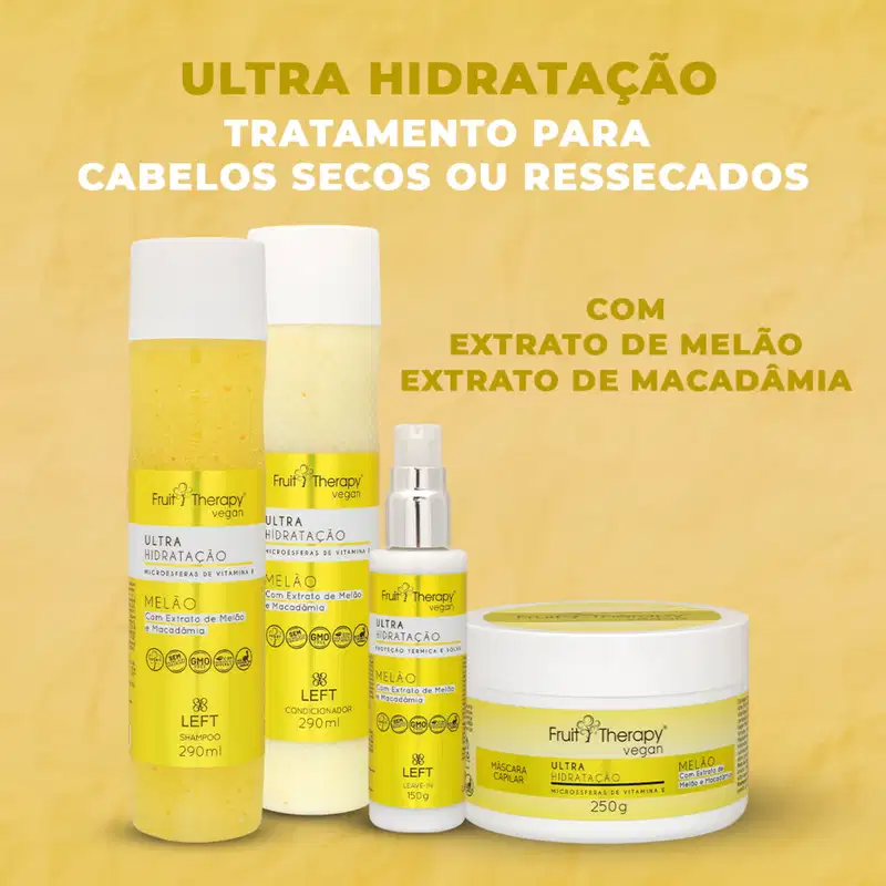 A imagem mostra a linha de produtos  Fruit Therapy Vegan Melão para cabelos secos ou ressecados. A foto traz o shampoo, condicionador, máscara e leave-in. Todos em frascos de cor branca com rótulo amarelo.