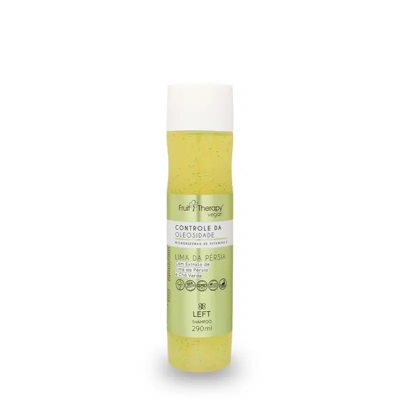 A imagem mostra um frasco transparente com rótulo amarelo e tampa branca de 290ml do shampoo da linha Fruit Therapy Vegan Lima da Pérsia, onde é possível ver o conteúdo amarelado por dentro. O design traz informações sobre benefícios e composição.