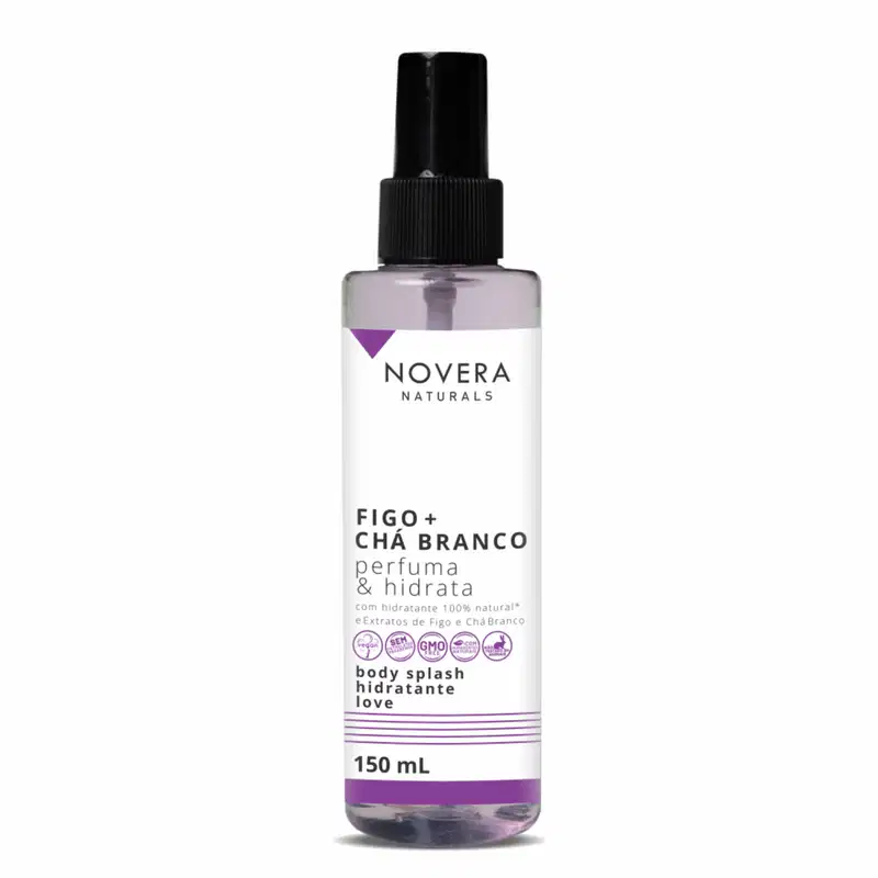 A imagem mostra o body splash Novera Naturals com fragrância Figo + Chá Branco. O frasco é de 150ml, transparente, permitindo ver o líquido lilás claro dentro. Há também logos indicando que é vegano, natural e não testado em animais.