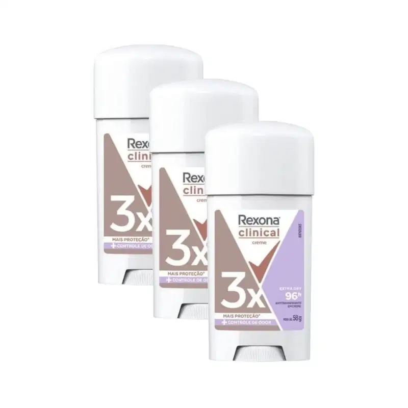 Kit Desodorante Rexona Clinical Extra Dry Antitranspirante 96h Creme 58g (3 unidades)