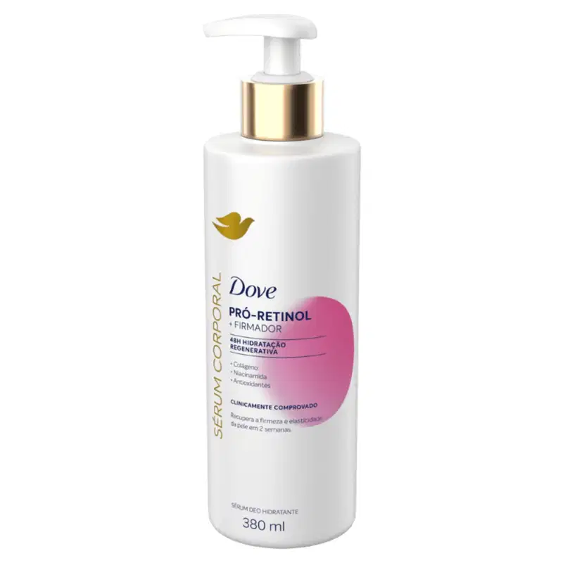 A imagem mostra o Sérum Hidratante Corporal Pró-Retinol + Firmador da marca Dove.