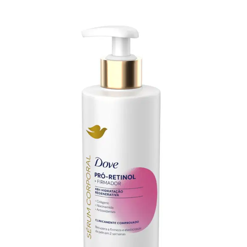 A imagem mostra o Sérum Hidratante Corporal Pró-Retinol + Firmador da marca Dove.