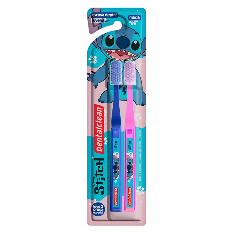 Este é um conjunto de duas escovas dentais infantis da marca Dentalclean. As escovas têm cabos plásticos, uma azul e outra rosa. Traz a ilustração do Stitch um personagem da Disney azul sorridente.