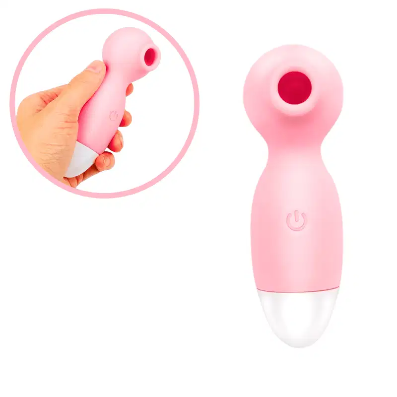 Vibrador rosa com botão liga/desliga, embalagem compacta e design ergonômico para uso discreto e confortável.