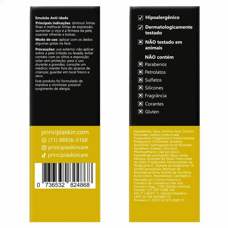 Emulsão facial Principia com 2% de retinóide granativo, em frasco de vidro âmbar com conta-gotas, rótulo preto e amarelo indicando pH 5,0-6,0 e volume de 30ml.