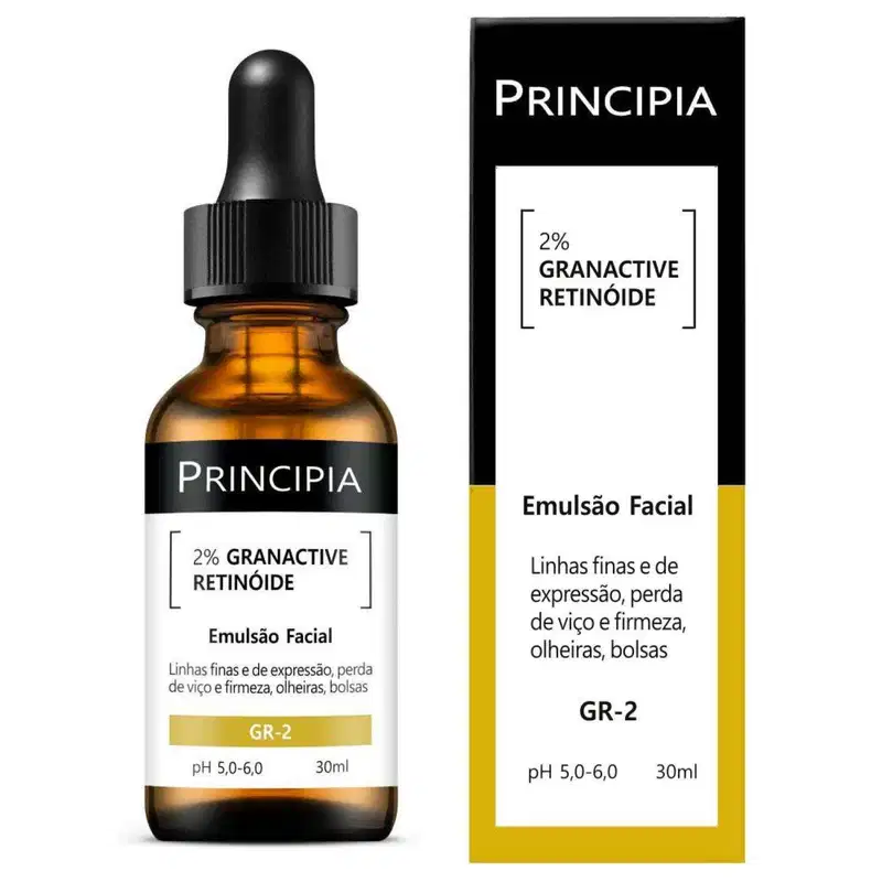 Emulsão facial Principia com 2% de retinóide granativo, em frasco de vidro âmbar com conta-gotas, rótulo preto e amarelo indicando pH 5,0-6,0 e volume de 30ml.