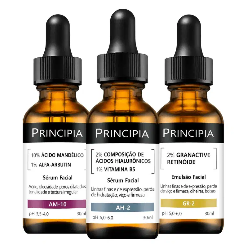 Três frascos de sérum facial da marca Principia, contendo diferentes formulações: AM-10 com ácido mandélico e alfa-arbutina, AH-2 com ácidos hialurônicos e vitamina B5, e GR-2 com retinóide granativo.