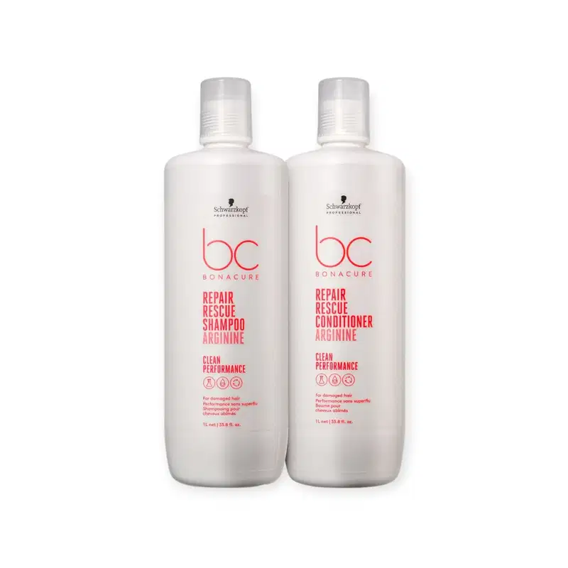 Dois frascos brancos da linha Bonacure da Schwarzkopf Professional, contendo o Shampoo Repair Rescue Arginine e o Condicionador Repair Rescue Arginine, ambos com rótulos vermelhos destacando o nome da linha e a função de reparação.