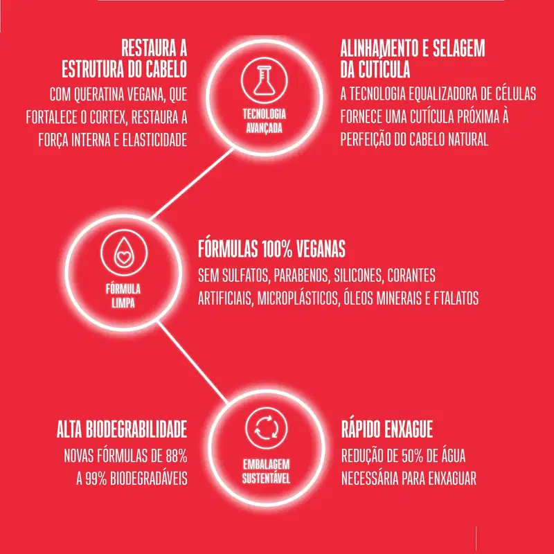 Restaura a estrutura do cabelo com queratina vegana, fortalece o cortex, restaura a força interna e elasticidade. Fórmulas 100% veganas sem sulfatos, parabenos, silicones e corantes artificiais. Alta biodegradabilidade e embalagem sustentável.