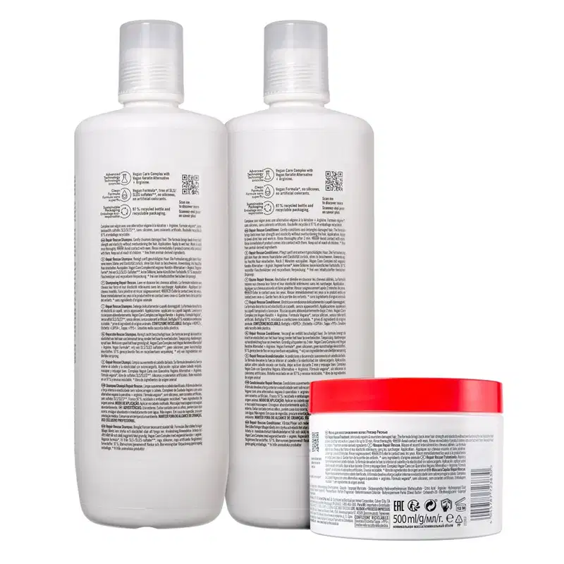 Dois frascos de condicionador Schwarzkopf Professional com rótulos brancos e detalhes em vermelho. Embalagem de 500 ml com informações sobre os ingredientes e instruções de uso.