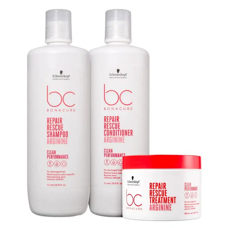 Conjunto de produtos Schwarzkopf Professional da linha Bonacure, incluindo shampoo, condicionador e tratamento para cabelos danificados, em embalagens brancas com detalhes em vermelho.