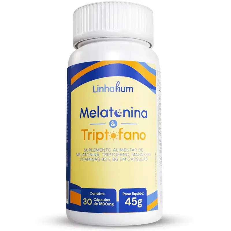 Suplemento alimentar Linhahum, chamado "Melatonina & Triptofano". A embalagem é um frasco branco com rótulo azul, amarelo e branco. Ele é um suplemento de melatonina, triptofano, magnésio, vitaminas B3 e B6, e que o frasco contém 30 cápsulas de 1500mg.