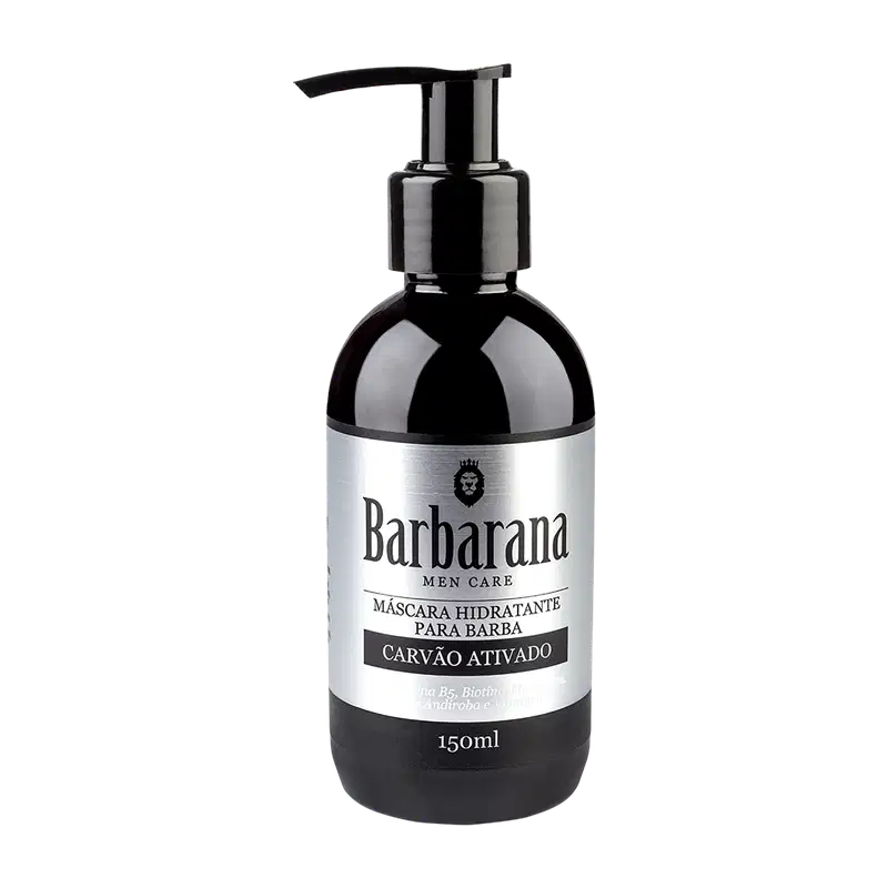 Máscara hidratante para barba da marca Barbarana. A embalagem é um frasco preto com um dispensador de bomba preta na parte superior.