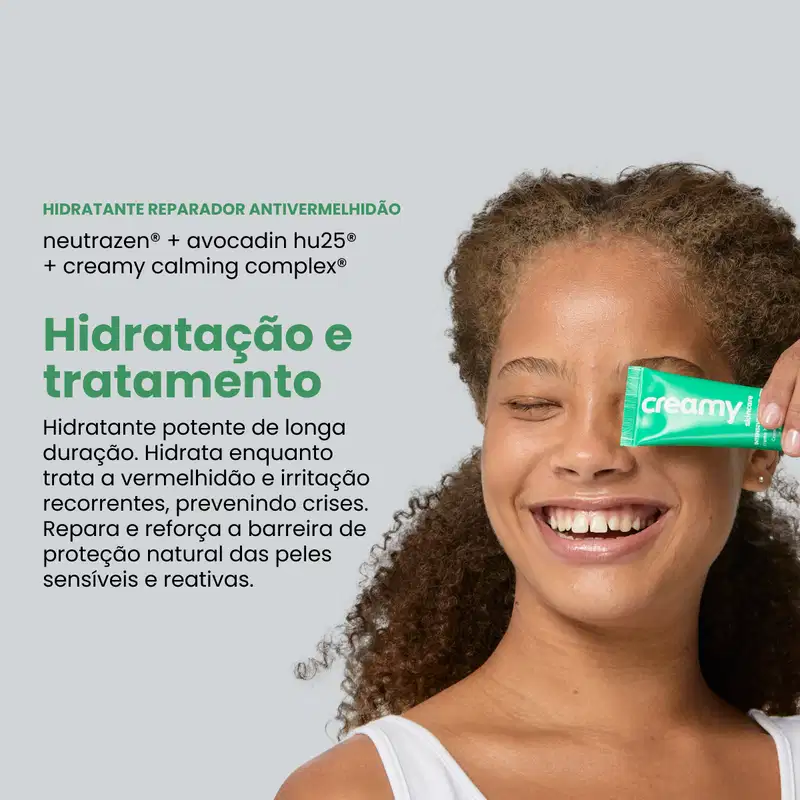 A imagem mostra o produto sendo segurado por uma mulher próximo ao rosto, com informações sobre ação dele na pele.