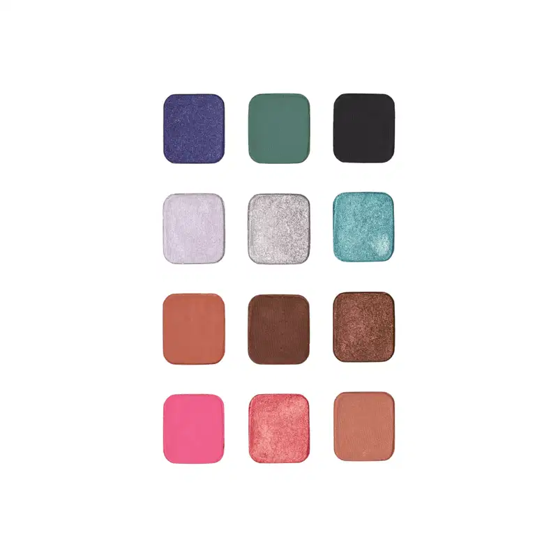A imagem mostra 12vcores das sombras Statera, em diferentes tonalidades, incluindo roxo, verde, preto, rosa, cinza, azul-turquesa, laranja, marrom e bege. .