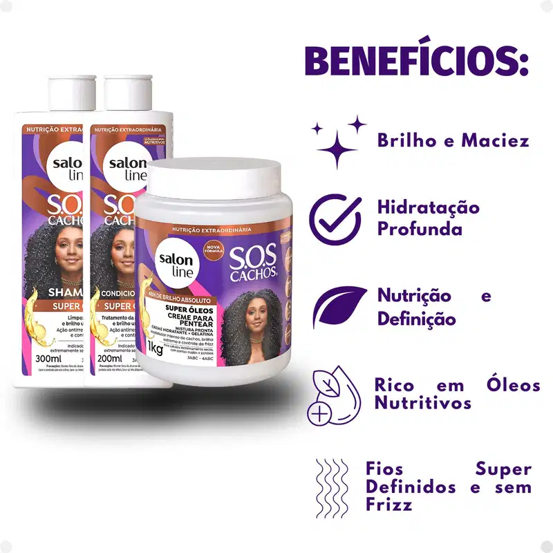 Kit Salon Line SOS Cachos Super Óleos: Shampoo 300ml e Condicionador 200ml + Creme Para Pentear 1kg