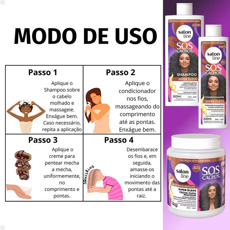 Kit Salon Line SOS Cachos Super Óleos: Shampoo 300ml e Condicionador 200ml + Creme Para Pentear 1kg