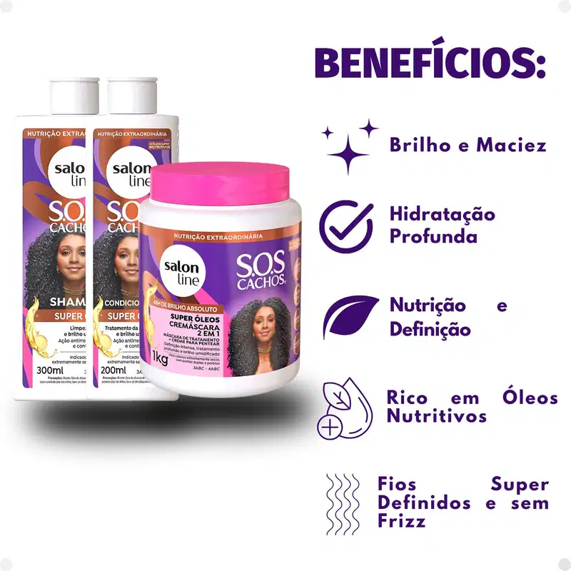 Kit Salon Line SOS Cachos Super Óleos: Shampoo 300ml e Condicionador 200ml + Cremáscara 2 em 1 1kg