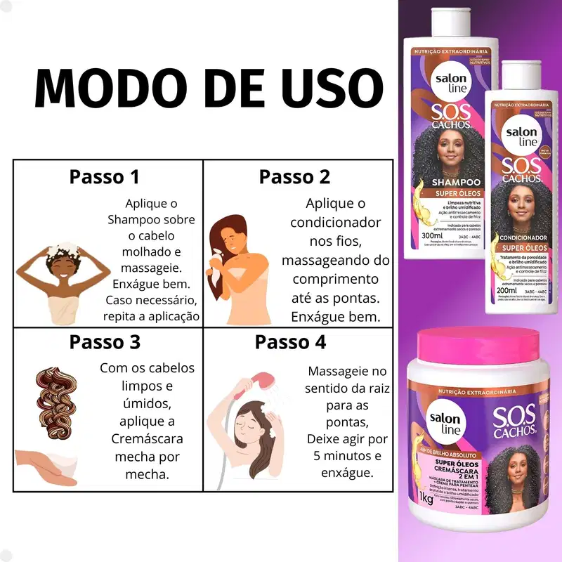 Kit Salon Line SOS Cachos Super Óleos: Shampoo 300ml e Condicionador 200ml + Cremáscara 2 em 1 1kg