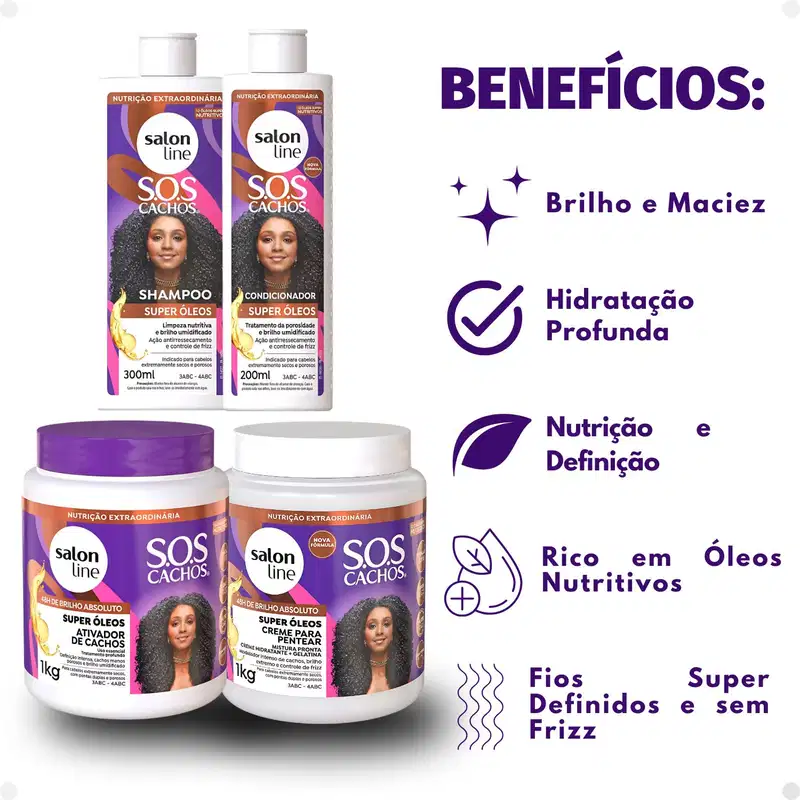 Kit Salon Line SOS Cachos Super Óleos: Shampoo 300ml e Condicionador 200ml + Creme Para Pentear 1kg e Ativador de Cachos 1kg