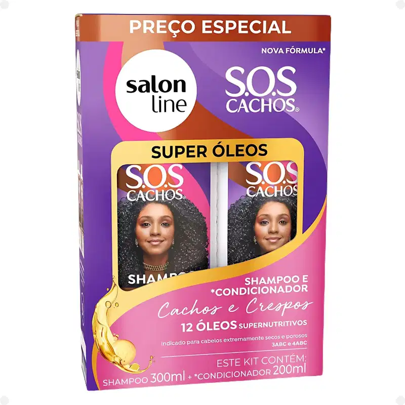 Kit Salon Line SOS Cachos Super Óleos: Shampoo 300ml e Condicionador 200ml + Creme Para Pentear 1kg e Ativador de Cachos 1kg
