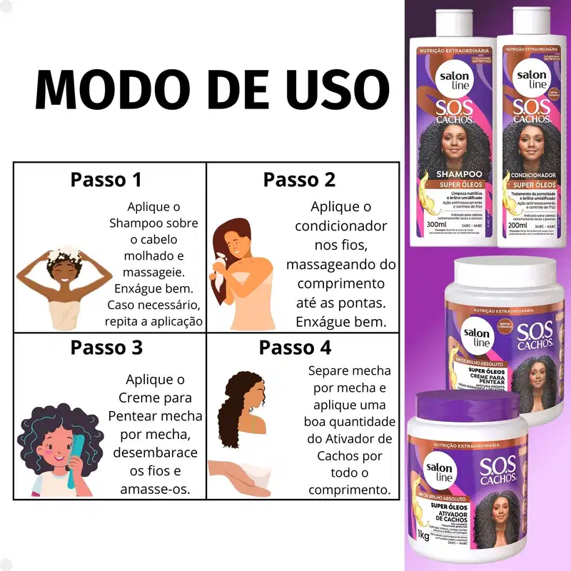 Kit Salon Line SOS Cachos Super Óleos: Shampoo 300ml e Condicionador 200ml + Creme Para Pentear 1kg e Ativador de Cachos 1kg