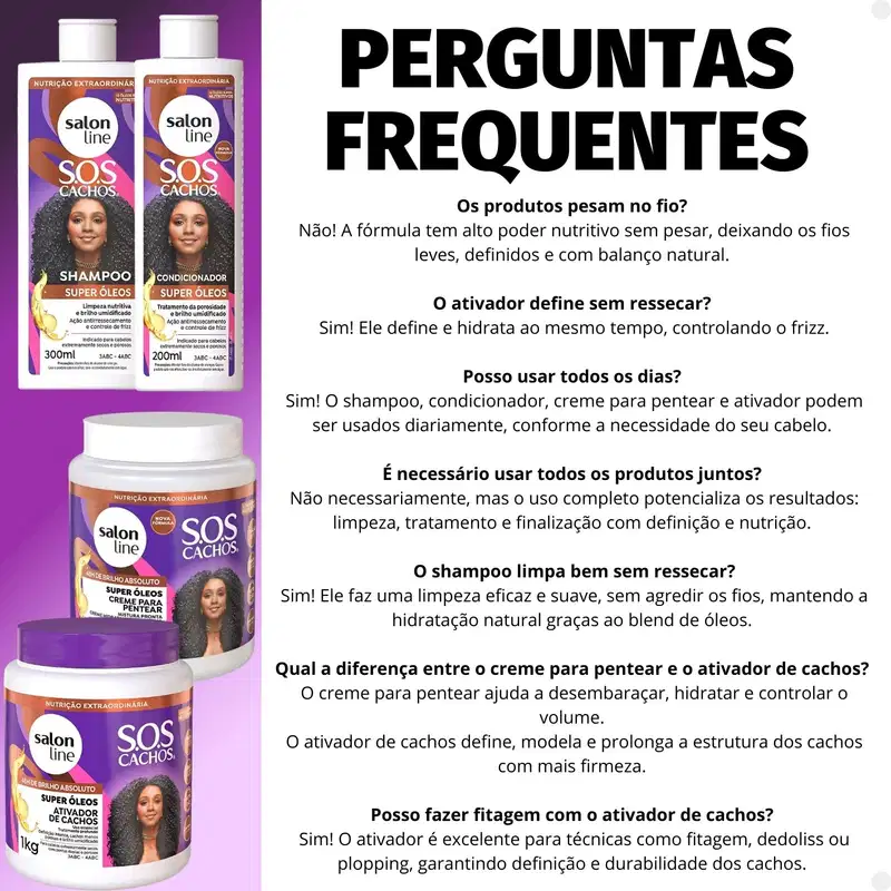 Kit Salon Line SOS Cachos Super Óleos: Shampoo 300ml e Condicionador 200ml + Creme Para Pentear 1kg e Ativador de Cachos 1kg