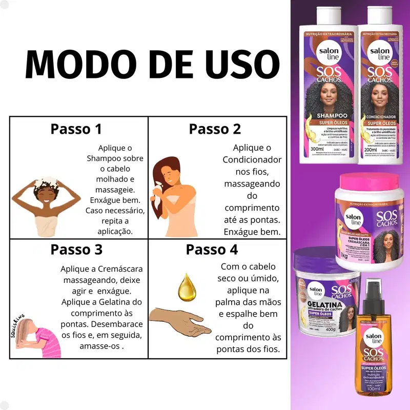 Kit Salon Line SOS Cachos Super Óleos: Shampoo 300ml e Condicionador 200ml + Cremáscara 2 em 1 1kg, Gelatina Ativadora de Cachos 400g e Óleo de Tratam