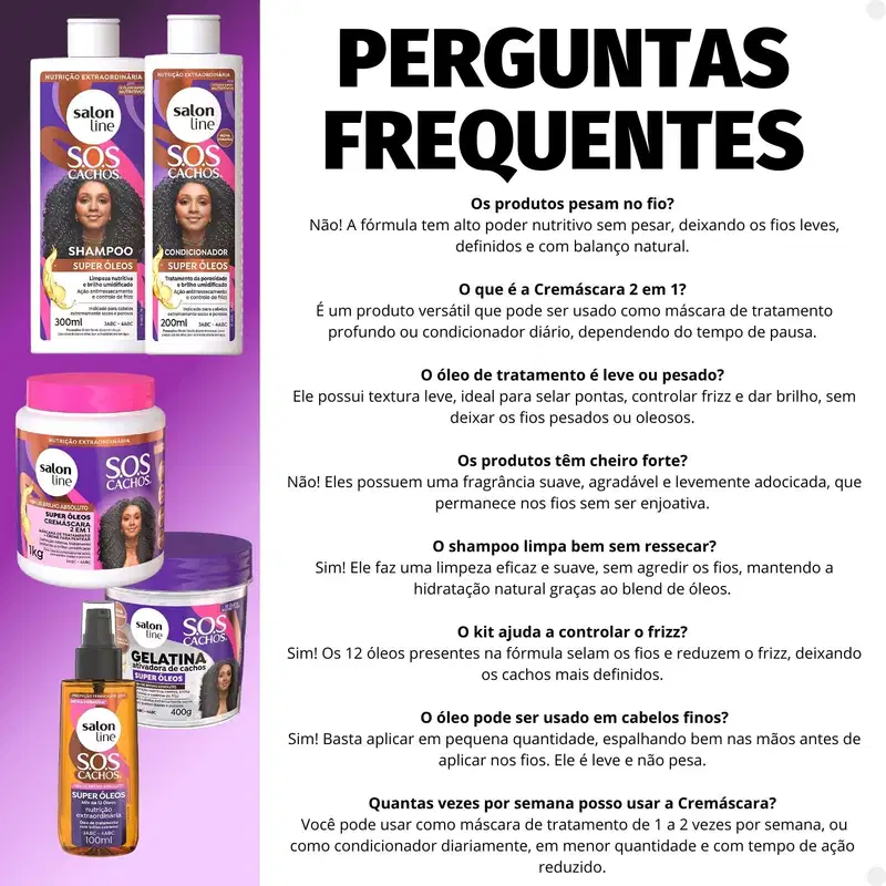 Kit Salon Line SOS Cachos Super Óleos: Shampoo 300ml e Condicionador 200ml + Cremáscara 2 em 1 1kg, Gelatina Ativadora de Cachos 400g e Óleo de Tratam