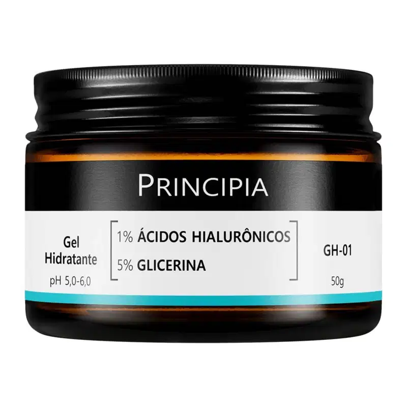 Frasco de gel hidratante da marca Principia, contendo 1% de ácidos hialurônicos e 5% de glicerina. Embalagem preta com rótulo branco destacando as principais informações do produto.