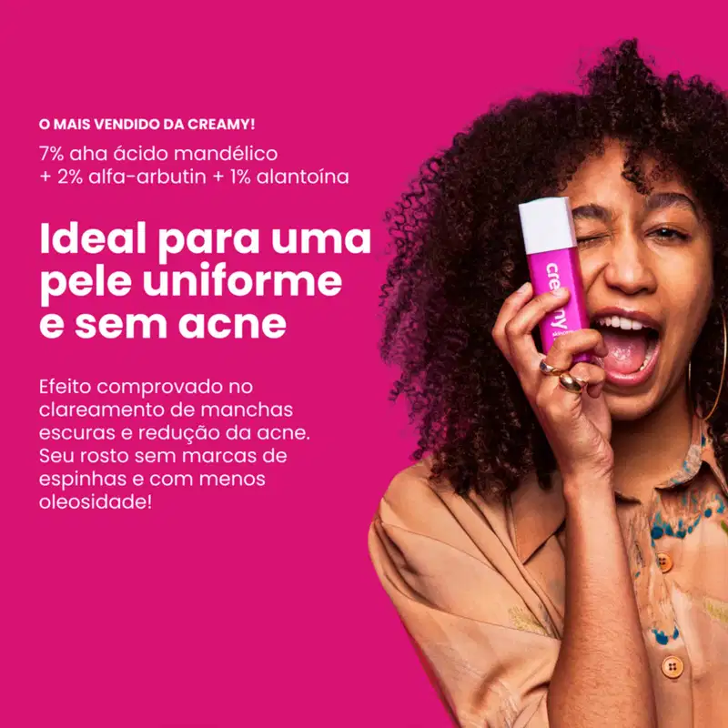 A imagem mostra o gel sendo segurado por uma mulher próximo ao rosto, com informações sobre o efeito na pele.