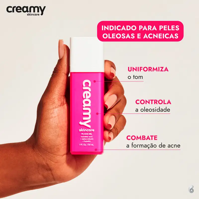 A imagem mostra o gel segundo segurado por uma mão e informações de ações dele na pele.