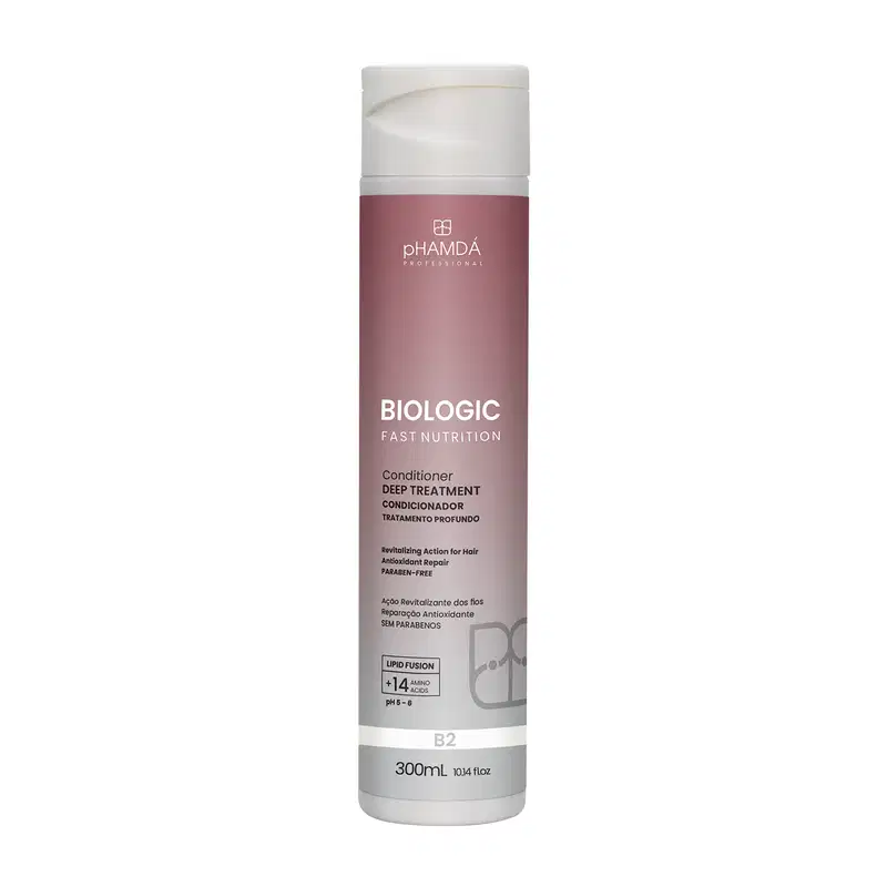 Frasco de condicionador da linha Biologic Fast Nutrition da marca pHAMDÁ Professional, com embalagem rosa e branca, contendo 300 mL do produto.