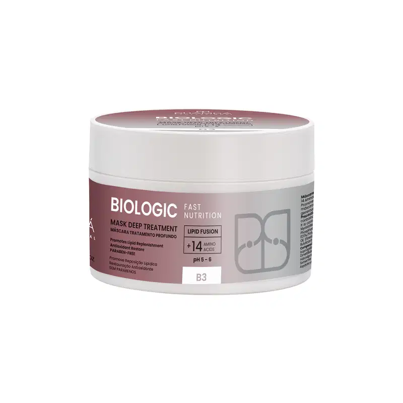Embalagem branca e rosa de máscara capilar da linha Biologic, com rótulo indicando "Fast Nutrition" e "Lipid Fusion + 14 Amino Acids", pH entre 5-6.