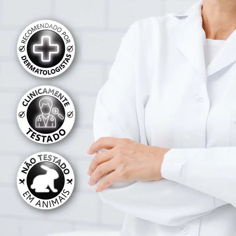 O ambiente apresenta uma clínica médica ou dermatológica, com símbolos e selos que indicam a recomendação e testagem clínica do produto.