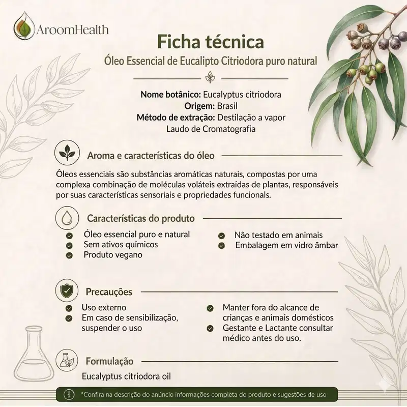 Óleo Essencial Puro Natural de Eucalipto Citriodora 10 ml
