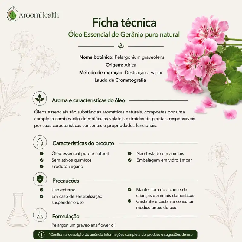 Óleo Essencial Puro Natural de Gerânio 5 ml