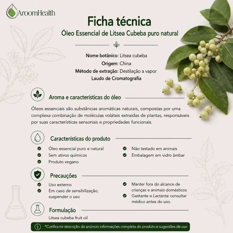 Óleo Essencial Puro Natural de Litsea Cubeba 10 ml