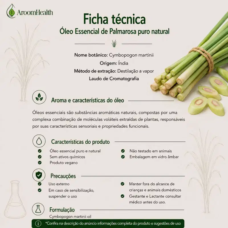 Óleo Essencial Puro Natural de Palmarosa 10 ml