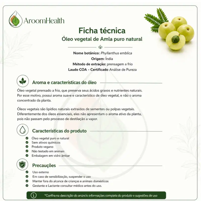 Óleo Vegetal Puro Natural Prensado a Frio de Amla 30ml