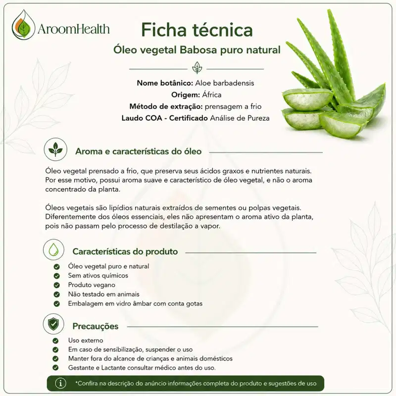 Óleo Vegetal Puro Natural Prensado a Frio de Babosa 30ml