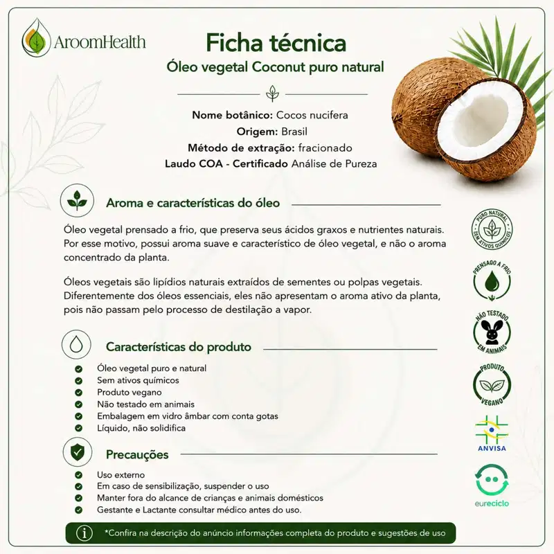 Óleo Vegetal Natural de Coco/Coconut Líquido 50ml