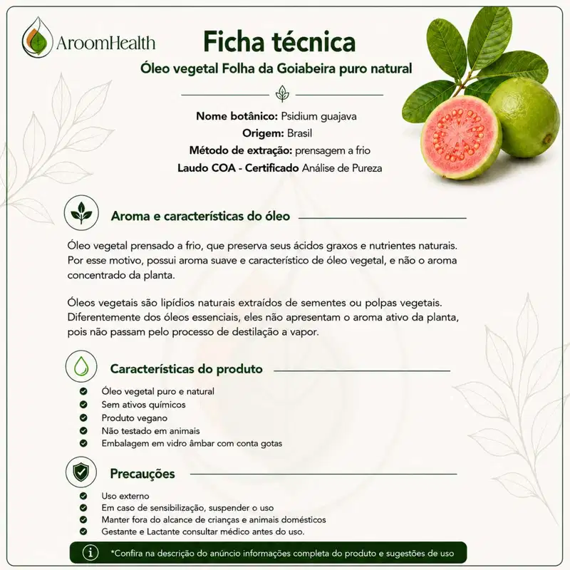 Óleo Vegetal Puro Natural Prensado a Frio Folha da Goiabeira 50ml