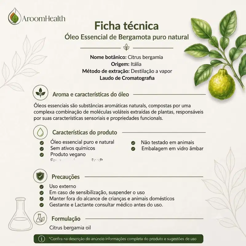 Óleo Essencial Puro Natural de Bergamota 10 ml