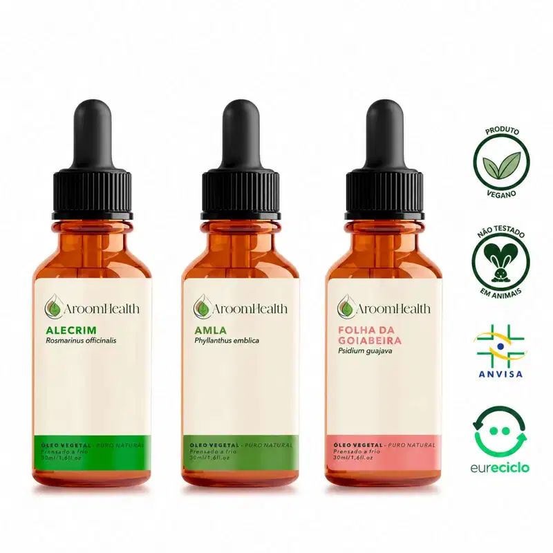 Kit de óleos vegetais de Alecrim, Amla e Folha da Goiabeira – 30 ml cada