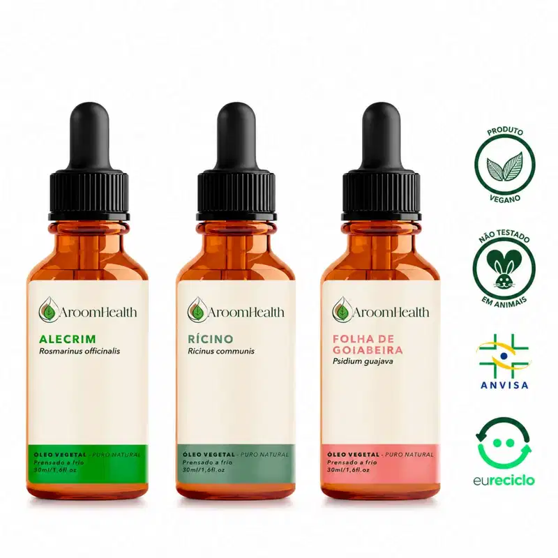 Kit óleos vegetais de Alecrim, Folha da goiabeira e Rícino - 30 ml cada