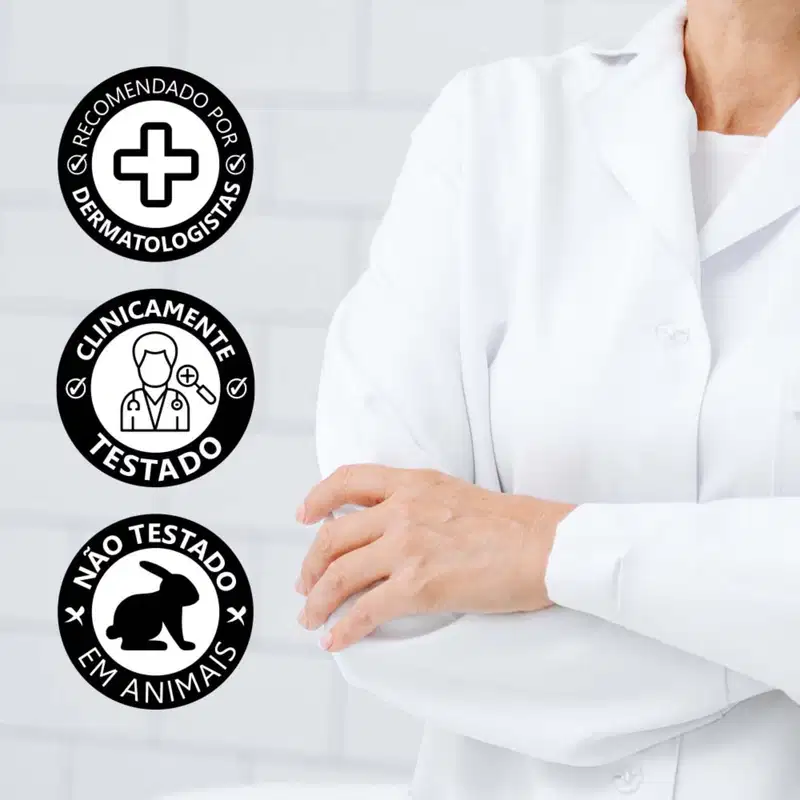 A imagem mostra diversos selos e rótulos relacionados a produtos de saúde e bem-estar, incluindo um selo de recomendação por dermatologistas, um selo de clínica testada e um selo de não testado em animais.