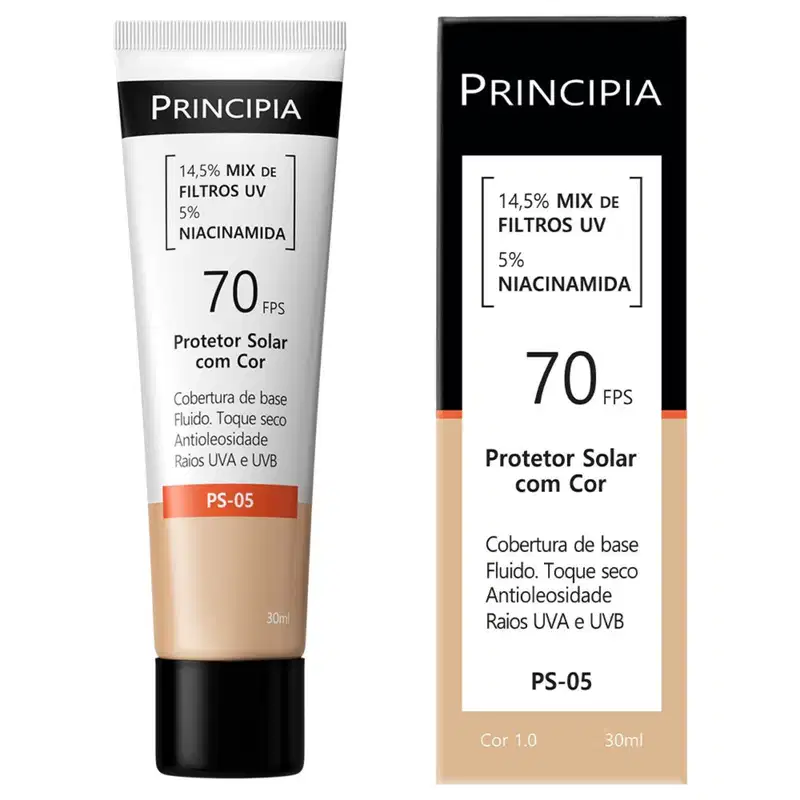 Protetor solar da marca Principia, com FPS 70, contendo 14,5% de mix de filtros UV e 5% de niacinamida. Embalagem em tubo plástico branco e preto, com informações sobre o produto impressas.
