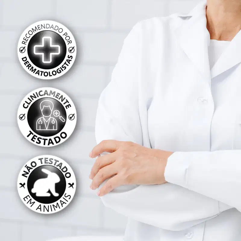 A imagem mostra o ambiente de uma clínica dermatológica, com símbolos que indicam a recomendação de dermatologistas e a não realização de testes em animais. 