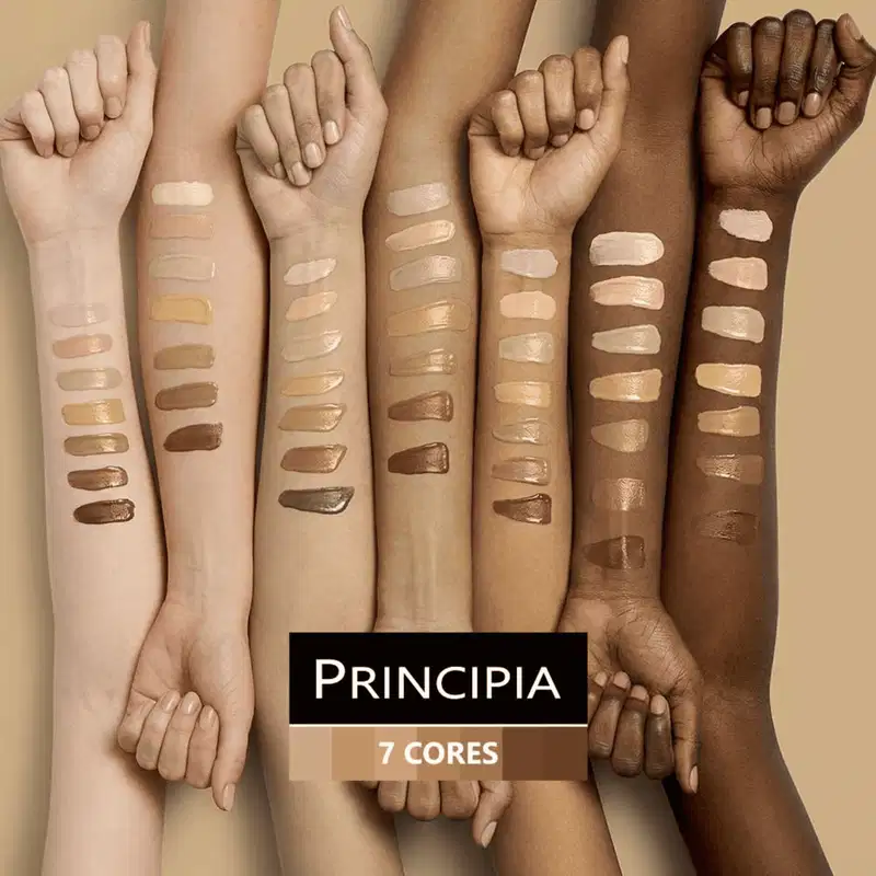A imagem apresenta uma paleta de tons de pele variados, representando a diversidade de cores da marca Principia.